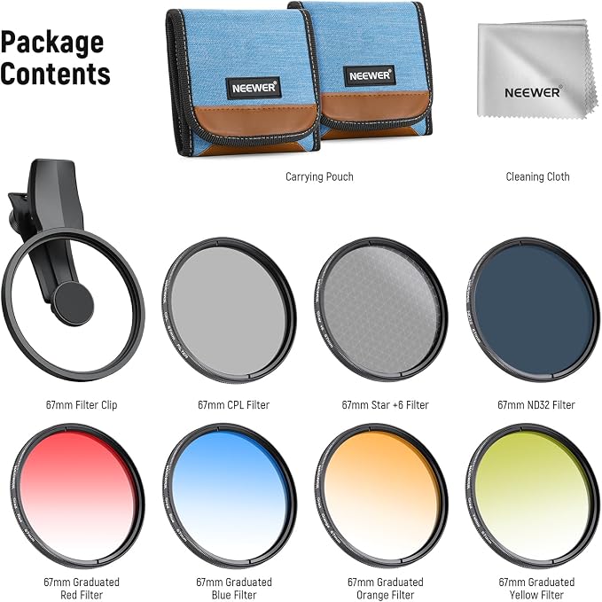NEEWER 67mm 7 Pack ND Filter Set Compatible with Android Samsung Google Huawei Xiaomi Phone, Clip On CPL+ ND32 + Starlight + GND (Red/Orange/Yellow/Blue) Photography Accessories Kit with Case, FL-P14 - Image 9