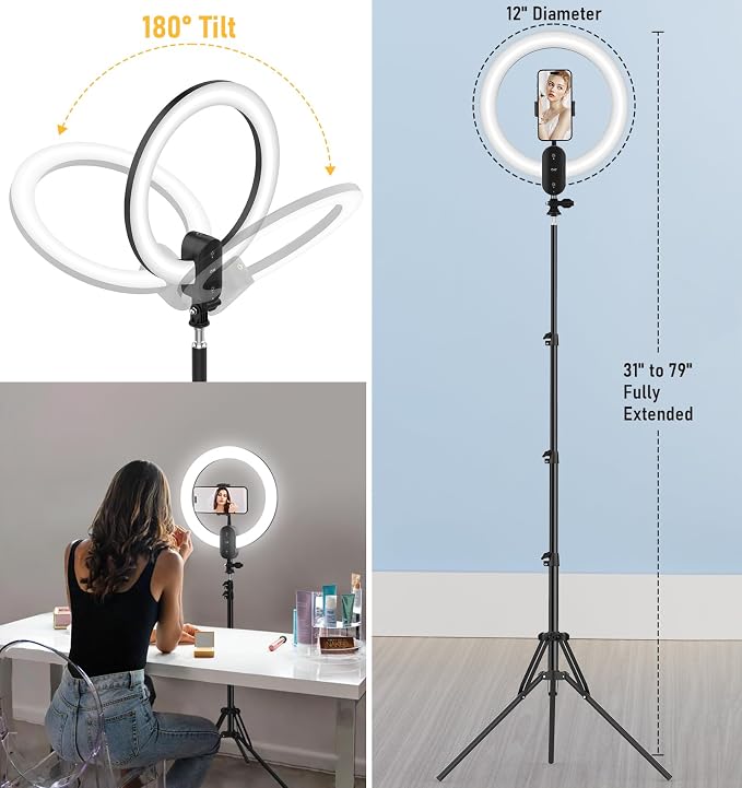 12 inch LED Circle Selfie Ring Light with 63" Tripod Stand 2800mAh - Image 6