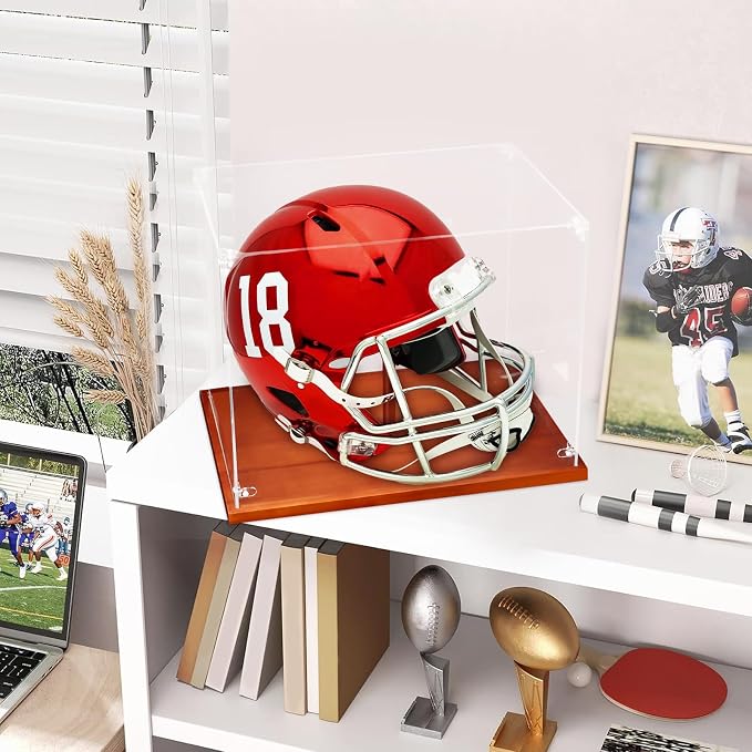 Clear Acrylic Helmet Display Case with Wood Base & Tee, Memorabilia Stand Cube Holder, Dust Protection Transparent Storage Box for Single Helmet Souvenir Collections - Image 4