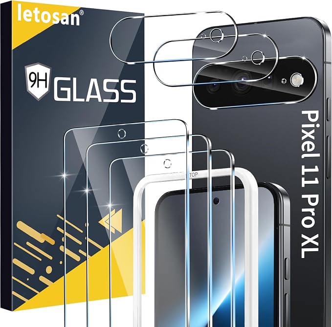 letosan 3 Pack for Google Pixel 11 Pro XL Screen Protector Tempered Glass + 3 Pack Camera Lens Protector, Military Grade Shatterproof, 9H Hardness, Fingerprint Unlock,Case Friendly 6.8 Inch by letosan