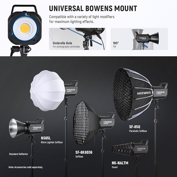 NEEWER FS230B LED Studio Video Light, 230W Bi Colour COB Continuous Lighting with 2.4G/APP Control, 110000Lux/m, 2700K-6500K, CRI 97+, Bowens Mount, Cleaning Cloth for Photography Video Recording - Image 9