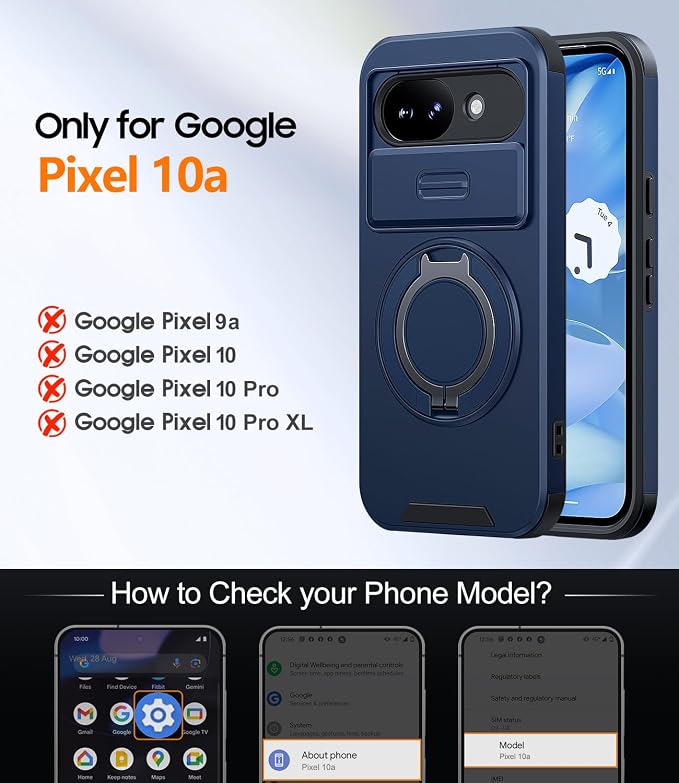JAME for Google Pixel 10A Case with Ring Stand & Slide Camera Cover Blue | Ring Holder Kickstand, Screen Protectors, Dual-Layer Shockproof Protective, Magnetic Accessory Friendly Phone Case, Blue - Image 2