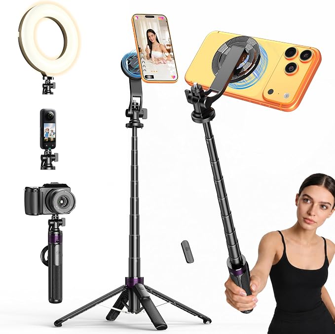 53" Magnetic Selfie Stick Tripod for Phone/Action Camera, 1/4" Mount | Aluminum Alloy Pole, 360° Rotation, 4-Leg Base & Wireless Remote Compatible with iPhone17 Pro&Action Camera for Travel Photos by SelfieStickTripodsforPhone