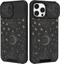(2in1 for iPhone 15 Pro Case Moon for Women Cute Phone Cover Stars Pretty Space Black Aesthetic Flowers Design with Slide Camera Cover Protective Stand Holder for iPhone 15 Pro Cases 6.1'' by Goocrux