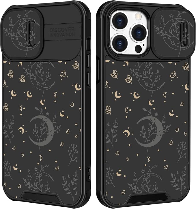 (2in1 for iPhone 15 Pro Case Moon for Women Cute Phone Cover Stars Pretty Space Black Aesthetic Flowers Design with Slide Camera Cover Protective Stand Holder for iPhone 15 Pro Cases 6.1'' by Goocrux