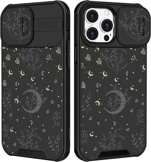 (2in1 for iPhone 15 Pro Case Moon for Women Cute Phone Cover Stars Pretty Space Black Aesthetic Flowers Design with Slide Camera Cover Protective Stand Holder for iPhone 15 Pro Cases 6.1'' by Goocrux