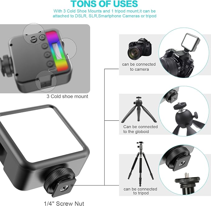 Magnetic RGB Led Video Light LED Camera Light 360° Full Color Portable Photography Lighting Whit 3 Cold Shoe，，2000mAh Rechargeable CRI 96+/2500-9900K/13 Scene (Black) - Image 6