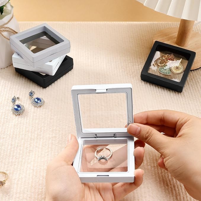 12 Pcs 3D Floating Frame Display Stand, Transparent Jewelry Gift Boxes | 2.75 x 2.75 x 0.8 Inch Small Jewelry Gift Boxes with PE Film, for Earrings Necklaces Rings Coins Specimens Crafts, 3 color - Image 4