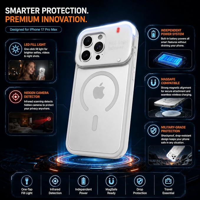 tesha Selfie Light Case for iPhone 16 Pro Max, MagSafe, Camera Detector | 2-Level LED Brightness, IR Hidden Camera Scanner, Drop Protection, Rechargeable Light Up Cover, No APP Needed for Video Vlog - Image 7