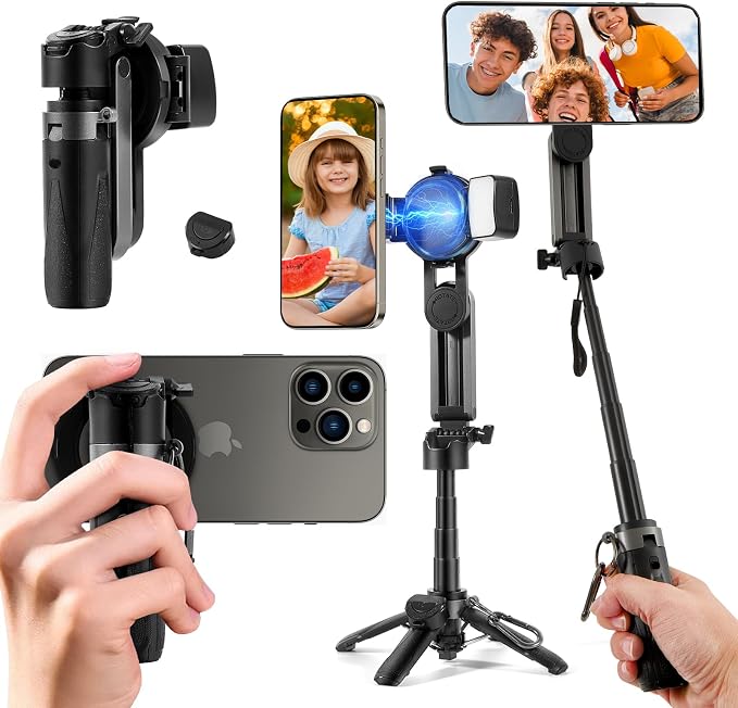 Magnetic Tripod for iPhone with Light, Mini Selfie Stick with Ligt | Pocket Size Selfie Stick with Wireless Remote Control & 2 Fill Light for Photograph, Vlogging Compatible with iPhone/Android by Heliora
