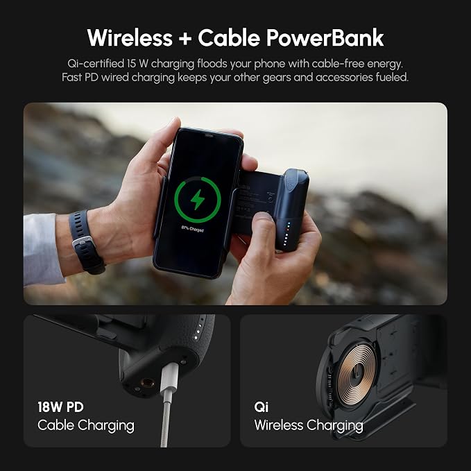 ProGrip Mobile Battery Grip, DSLR-Style Phone Camera Grip with Built-in Powerbank of Qi Charging, Ergonomic Handle with Wireless Shutter Button, Phone Stand Dock, Built-in Cold-Shoe & Tripod Mount - Image 4