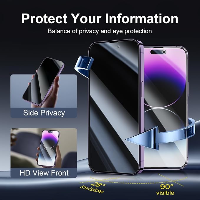 NEW'C 3x Privacy for iPhone 14 Pro Screen Protector (6.1 inches)+ 3x Camera Lens Protector, Sensor Protection,Case Friendly Tempered Glass Film + Dust Plug - Enhanced Privacy Angle of 28 Degrees - Image 3