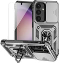 for Samsung Galaxy S24 Plus Case with Camera Lens Cover HD Screen Protector, Military-Grade Drop Tested Magnetic Ring Holder Kickstand Protective Phone Case for Samsung Galaxy S24 Plus 2024 (Silver) by M+MAIKEZI