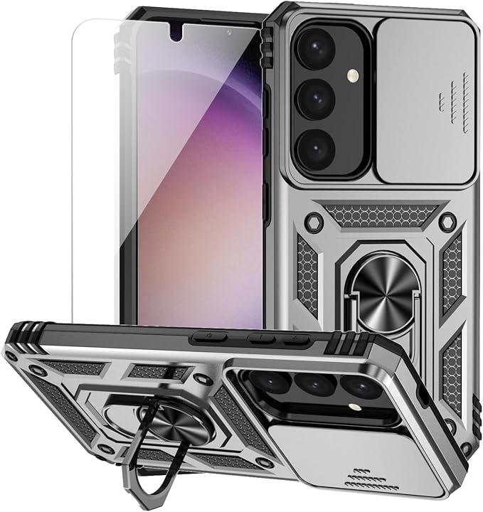 for Samsung Galaxy S24 Plus Case with Camera Lens Cover HD Screen Protector, Military-Grade Drop Tested Magnetic Ring Holder Kickstand Protective Phone Case for Samsung Galaxy S24 Plus 2024 (Silver) by M+MAIKEZI