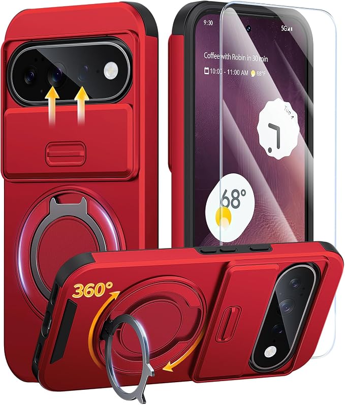JAME for Google Pixel 10 Pro XL/11 Pro XL Case, Stand & Slide Camera Cover | Ring Holder Kickstand, Screen Protectors, Dual-Layer Shockproof Protective, Magnetic Accessory Friendly Phone Case, Red by JAME