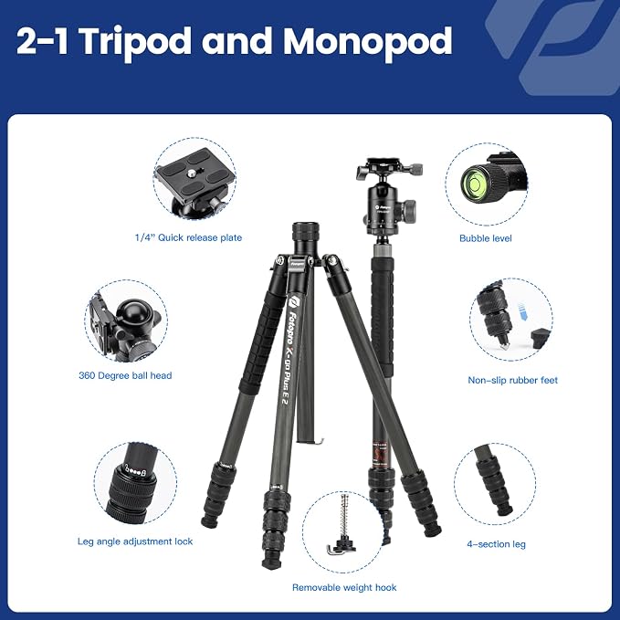 Fotopro 73"/185cm Carbon Fiber Travel Tripod for Camera, 360° Panorama Ball Head, Arca Quick Release Plate, Portable Bag, Compact Travel Tripod Monopod for DSLR Camera Camcorder, Load up to 22lbs/10kg - Image 7