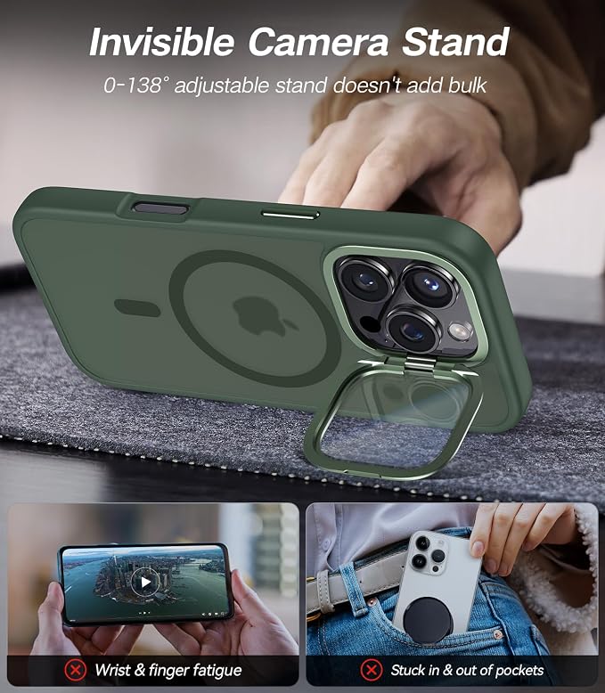VOFATA [Upgraded] for iPhone 16 Pro Max Case with Camera Cover Stand [Fit for MagSafe][9H Camera Lens Protector] Mil-Grade Protection Translucent Magnetic iPhone 16 Pro Max Phone Case, Green - Image 3