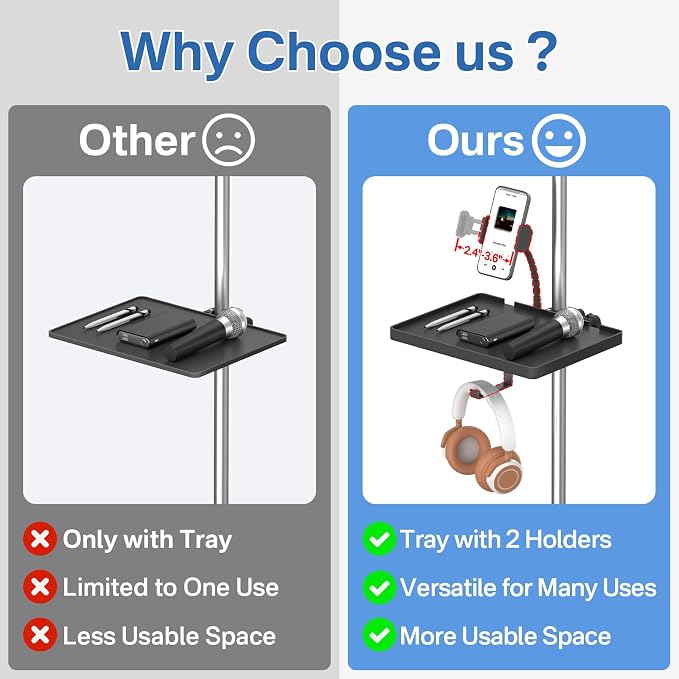 Functional Microphone Stand Tray with Adjustable Mic Stand Phone Holder - 8.7"x6.5" Mic Stand Tray Shelf Clamp-On Music Stand Accessory for Live Streaming Karaoke Recording - Image 3