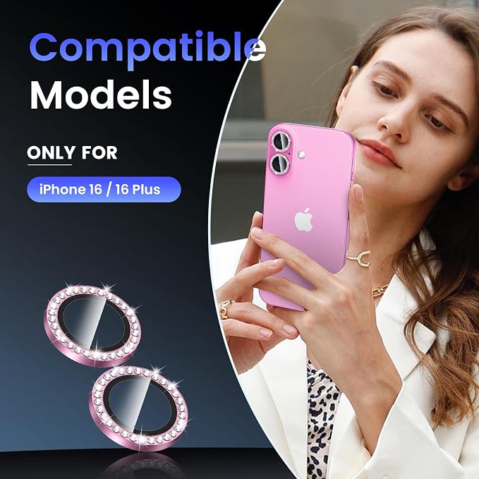 Tensea for iPhone 16/16 Plus Camera Lens Protector Bling, Camera Cover | 9H Tempered Glass Camera Screen Protector, Metal Individual Ring for iPhone16 6.1inch/ 16Plus 6.7inch, HD Clear, Easy Install - Image 2