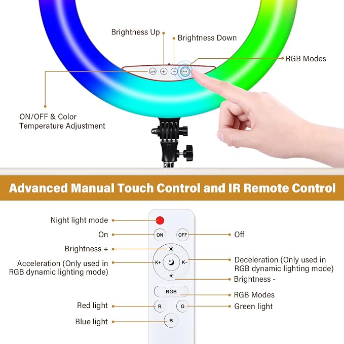 Yesker Ring Light with Tripod Stand and Phone Holder 18 Inch RGB Ringlight 25 RGB Modes Bi-Color Adjustable 2700–7000K LED Selfie Halo Light Kit for Live Stream Photography Zoom Makeup Youtobe Tiktok - Image 4