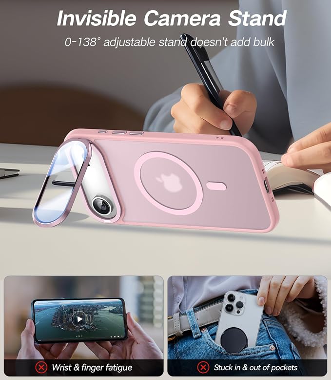 VOFATA [Upgraded Full Camera Protection] for iPhone Air Case with Camera Cover Stand [Fit for MagSafe][10FT Mil-Grade Protection] Translucent Magnetic Phone Cover for iPhone 17 Air Case, Pink - Image 4