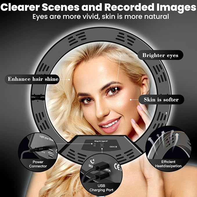18" Foldable Ring Light with Stand for iPhone ipad Camera, 75" Tripod with Wheels 38W 6500K LED Display/Remote/2 USB Ports Large Big Ringlight Rolling for YouTube Facebook TikTok Live Video Recording - Image 6