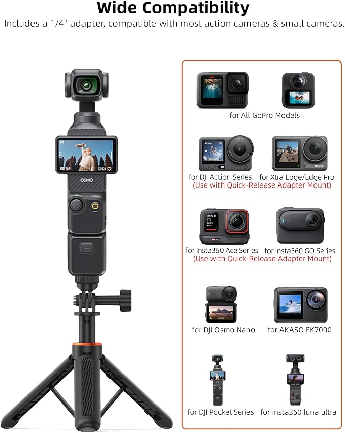 14.5" Mini Camera Tripod & Selfie-Stick for DJI Osmo Pocket 4P/4/3/2, GoPro Hero 13/12/11/10/9, DJI Action 6/5 Pro/4, Portable Travel Stand/Vlogging Handle Grip/Accessory for Video Recording - Image 7