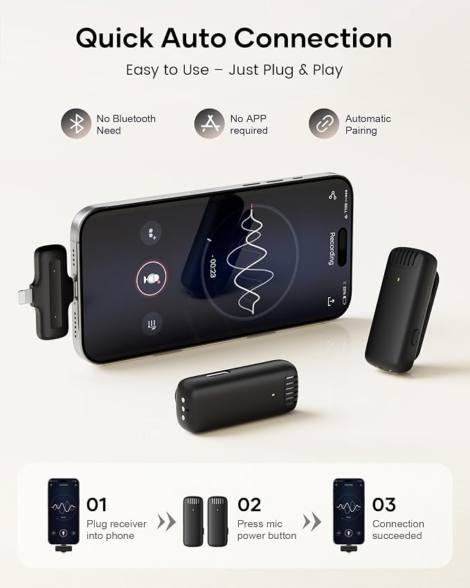Wireless Lavalier Microphone for iPhone iPad Android with Charging Case,Lapel Mic with Noise Reduction,36H Battery Life, 135ft Range, Mini Microphone for Video Recording,YouTube,Vlog,Live Streaming - Image 2