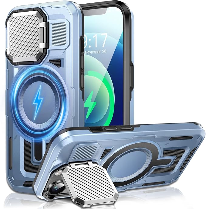 Camera Stand Case for iPhone 12/12 Pro, [Compatible with MagSafe] [Lens Cover] 2024 Version Military Grade Protective Soft Case for iPhone 12/12 Pro 6.1 inch Men Women, Blue by WASTROYAL