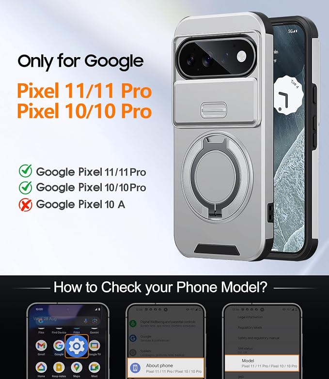 JAME for Google Pixel 10/10 Pro/11/11 Pro Case, Stand & Slide Camera Cover | Ring Holder Kickstand, Screen Protectors, Dual-Layer Shockproof Protective, Magnetic Accessory Friendly Phone Case, Silver - Image 2