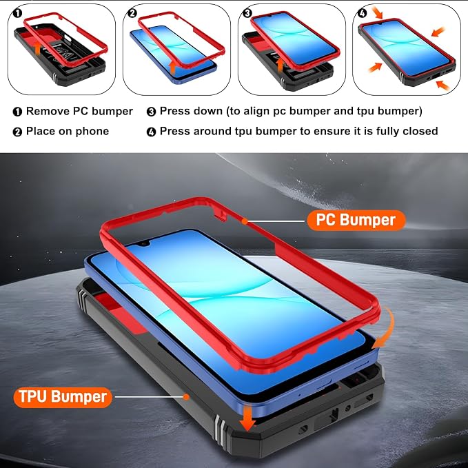 Gritup for Samsung Galaxy A17/A16-5G Phone Case with Camera Cover | 2*Screen Protector & 360° Rotating Ring Kickstand, Military Grade Protective Cover para Galaxy A 17, Red+Black - Image 3