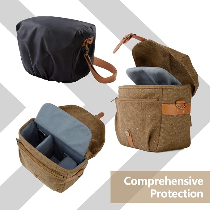 BAGSMART Canvas Crossbody Camera Bag with Rain Cover for Women Men, Khaki | SLR DSLR Camera Case, Compact Camera Shoulder Bag - Image 3