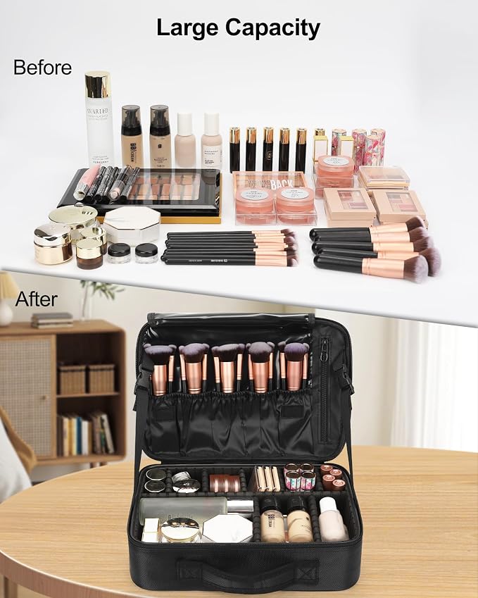 Relavel Makeup Bag Travel Train Case Cosmetic Organizer with Divider, Black | Large Storage Box with Adjustable Dividers and Brush Compartment for Cosmetics, Toiletries, Nail Polish, Jewelry, Electronic - Image 4