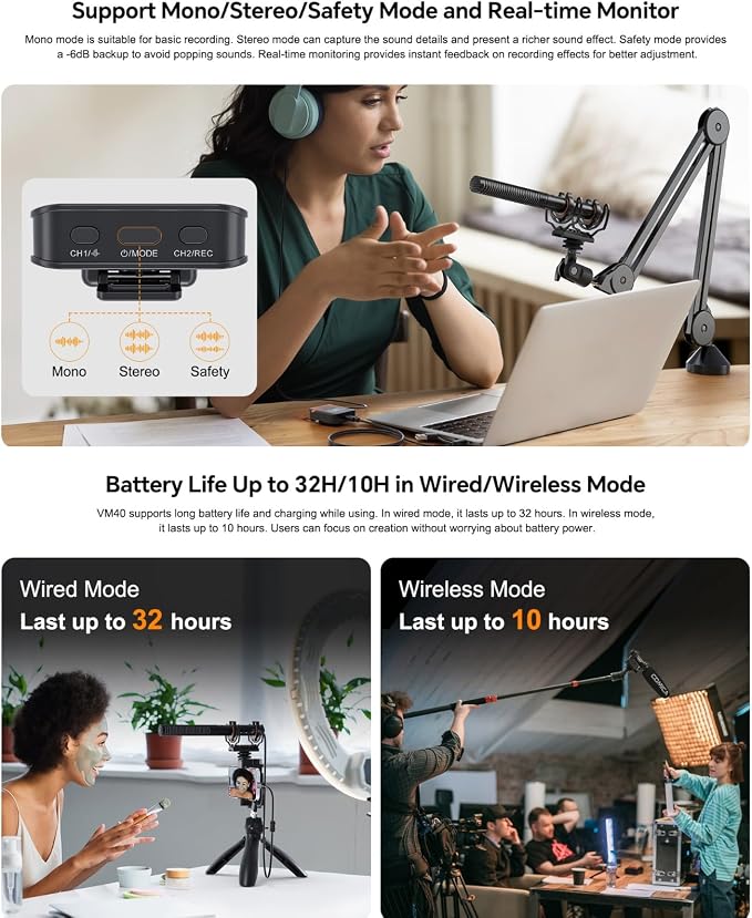 COMICA VM40 Wireless Shotgun Microphone for Camera,Smartphone and PC | with Receiver Support APP Control USB C Digital Output for Video Recording, Podcasting and Interview - Image 7