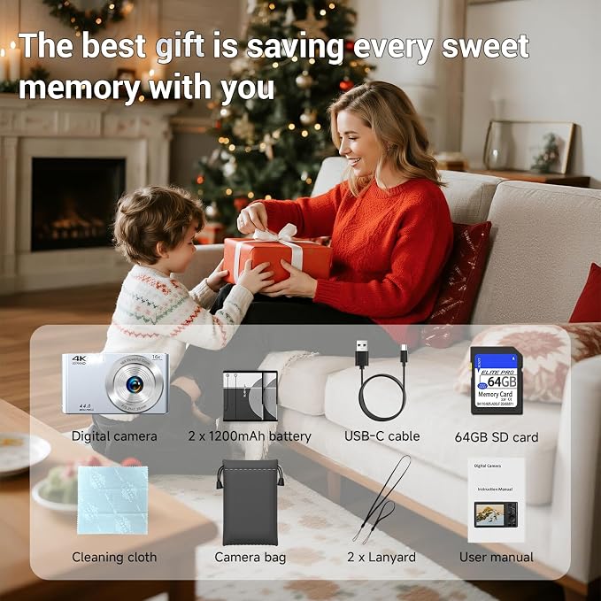 Digital Camera, 2026 4K Autofocus Digital Cameras for Teens, Silver Point and Shoot Camera for Kids with 16X Zoom, 64GB SD Card, Compact Small for Boys Girls Teens Kids Gift - Image 8