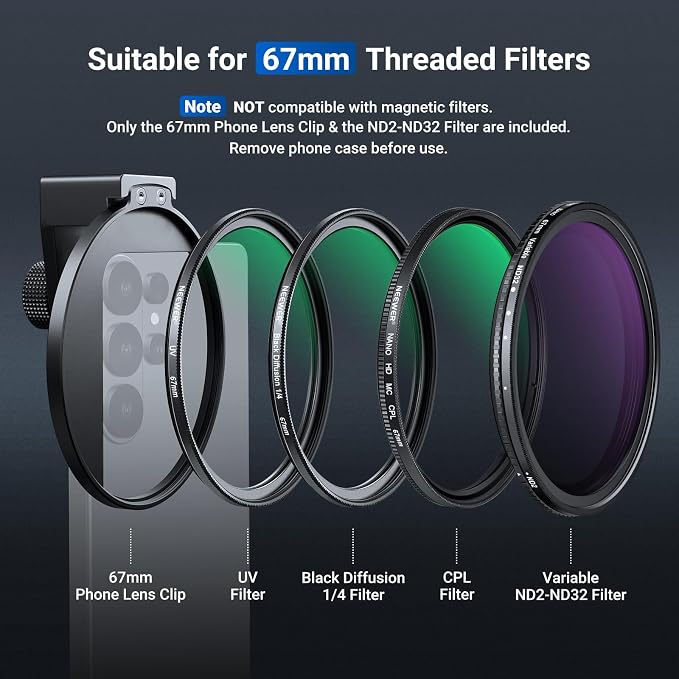 NEEWER 67mm Variable ND Filter & Threaded Phone Clip Set, Adjustable ND2-32 HD Neutral Density Mobile Photography Accessories, Compatible with iPhone 17 Pro Max Samsung S26 Ultra - Image 4