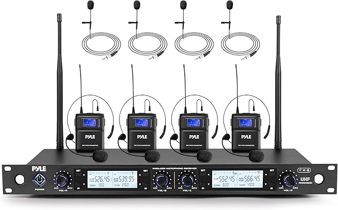 Pyle 4 Channel UHF Wireless Microphone System with 4 Lavalier & 4 Headset Mics, 300 Ft Range, Rack Mount Receiver for Conferences, Events & PA Systems by PyleUSA