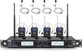 Pyle 4 Channel UHF Wireless Microphone System with 4 Lavalier & 4 Headset Mics, 300 Ft Range, Rack Mount Receiver for Conferences, Events & PA Systems by PyleUSA