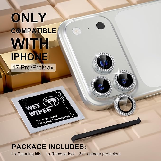 Misea Compatible for iPhone 17 Pro/iPhone 17 Pro Max Camera Lens Protector | 9H Tempered Glass Ultra HD Bling Camera Screen Protector Cover Metal Individual Ring Decoration Accessories, Silver Diamond - Image 2