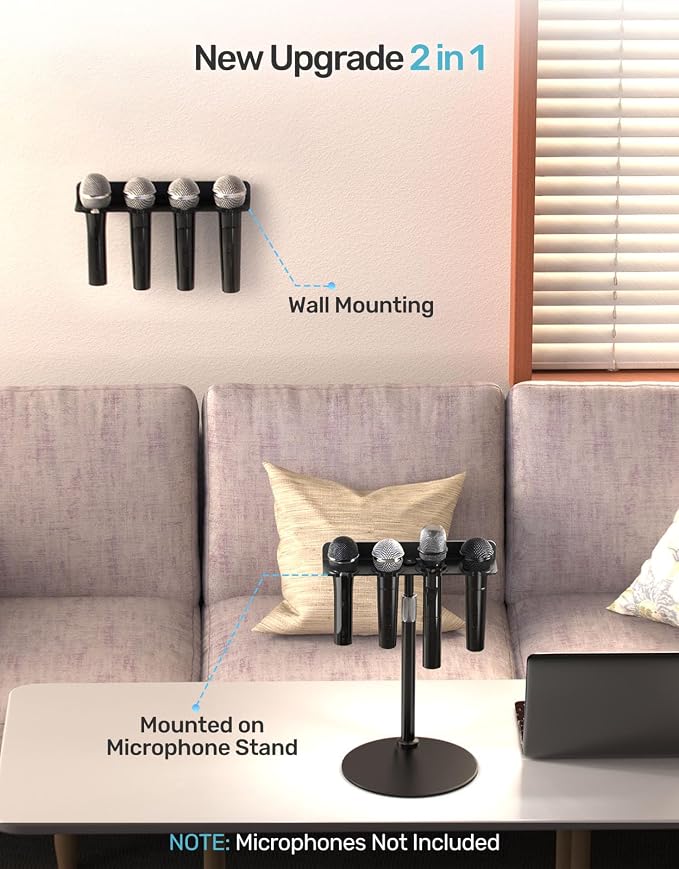 Multi Mic Holder with Mic Stand for 4 Handheld Mics, Weighted Desktop Base | With 5/8 & 3/8 Adapters, Holds Wired/Wireless Mics for Podium, Stage, Church, Home Studio, All Metal, Base with Rubber Pad - Image 2