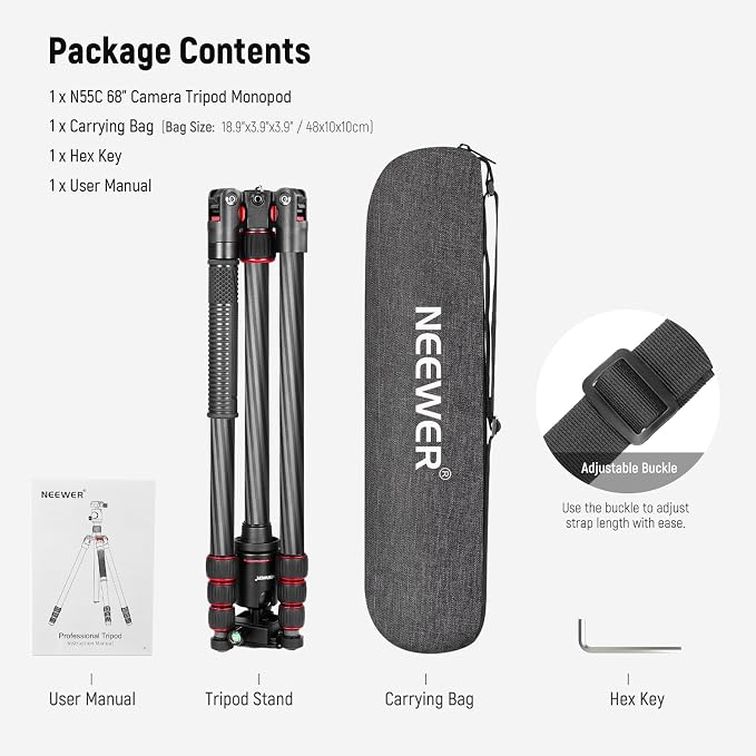 NEEWER 66"/168cm Carbon Fiber Camera Tripod with 360° Ball Head, N55C | Panorama, 1/4" Arca QR Plate, Portable Bag, Compact Travel Tripod Monopod for DSLR Video Camcorder, Max Load 26.5lb/12kg - Image 9