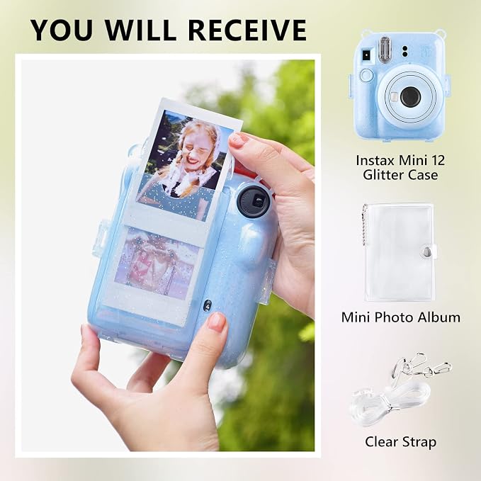 Rieibi Clear Case Compatible with Fuji Instax Mini 12 - Glitte Case Bag for Fujifilm Instax Mini 12 Instant Camera with Back Pocket, Strap and Photo Album - Glitter Blue - Image 2