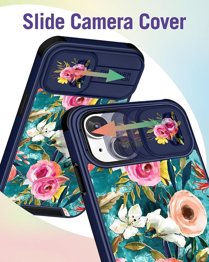 Buleens for iPhone 15 Plus Case 6.7 Inch - with Ring Stand & Camera Cover Aesthetic Cute Designed for Women Girls Girly Pretty Lake Blue Flowers for iPhone 15 Plus Phone Case Compatible with Magsafe - Image 3