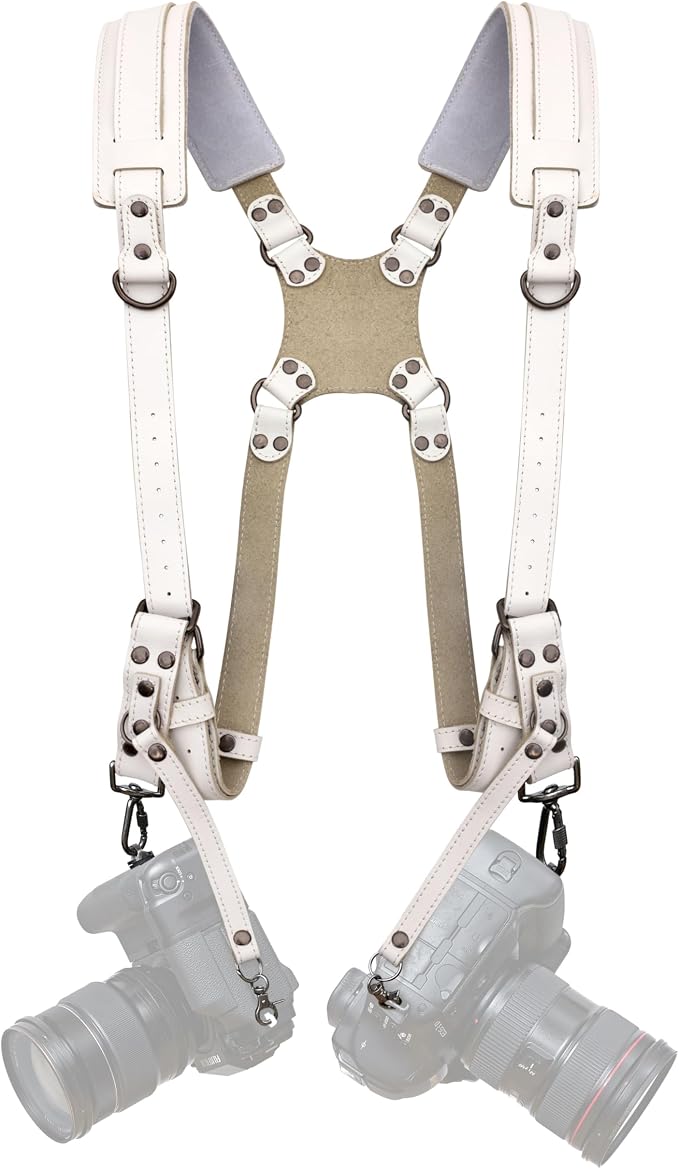 Padwa Lifestyle White Dual Camera Harness Strap for Two Cameras - Dual Shoulder Full Grain Leather Harness,Multi Double Camera Gear with Thick Padded,Double Camera Harness for Photographers by PadwaLifestyleCameraStrap