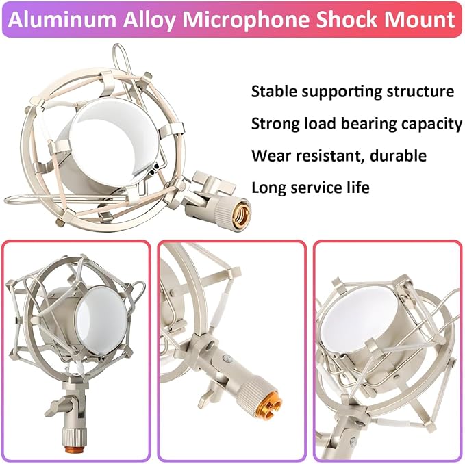 48-53mm Microphone Shock Mount Anti Vibration Mic Suspension Mount Aluminum Alloy Condenser Microphones Holder Clip with Metal Screw Adapter Isolation Absorber Studio Silver - Image 2