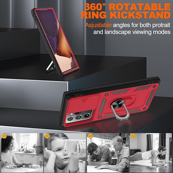 for Samsung Galaxy Note 20 Ultra Case with 2PCS Screen Protector, Build in 360° Rotating Ring Kickstand, Military Grade Protective Case for Note 20 Ultra Phone, Red+Black - Image 8