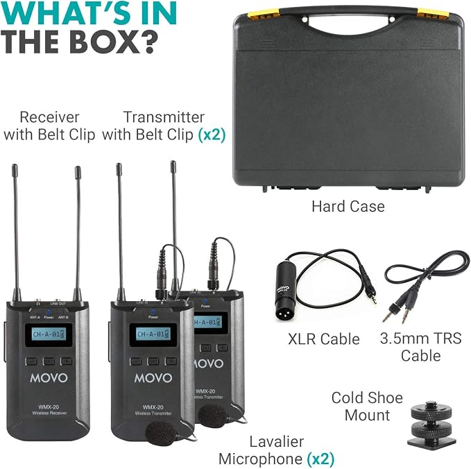 Movo WMX-20-DUO 48-Channel UHF Wireless Lavalier Microphone System with 1 Receiver, 2 Transmitters, and 2 Lapel Microphones Compatible with DSLR Cameras (330' ft Audio Range) - Image 2