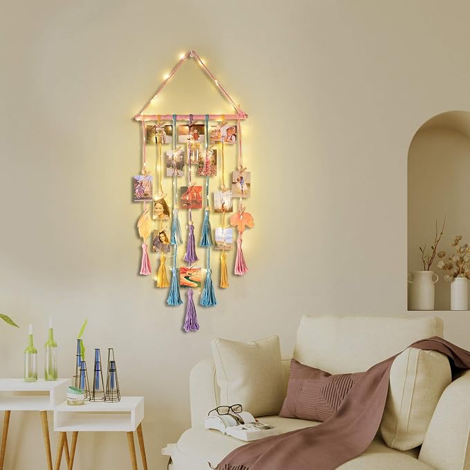 Homecor Room Decor for Teen Girls, Hanging Photo Display Macrame Picture Collage Wall Decor, Boho Decor for Bedroom Apartment Dorm Room with Remote Light, Christmas Birthday Gifts for Teenage Girls - Image 2