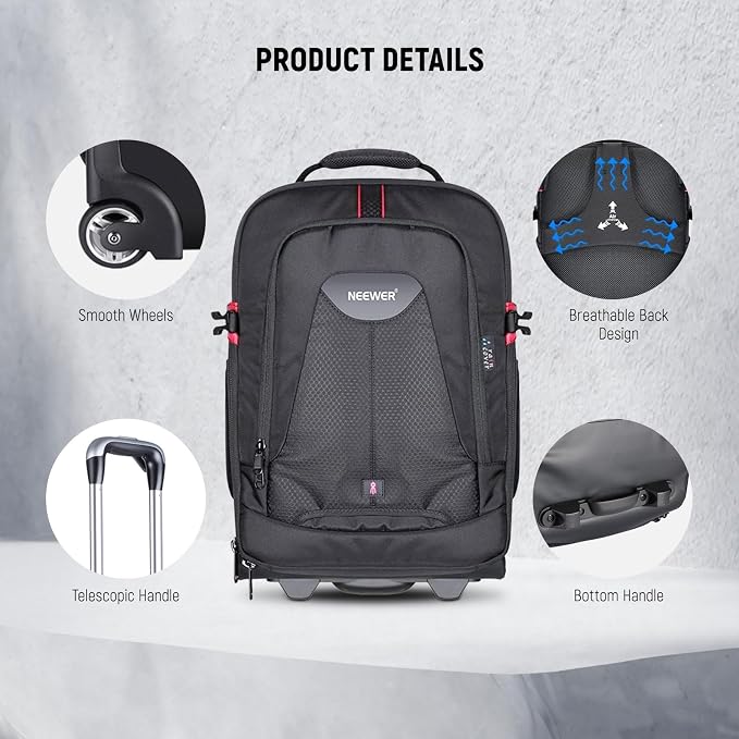Neewer 2-in-1 Rolling Camera Backpack Trolley Case - Anti-shock Detachable Padded Compartment, Hidden Pull Bar, Durable, Waterproof for Camera,Tripod,Flash Light,Lens,Laptop for Air Travelling(Black) - Image 9
