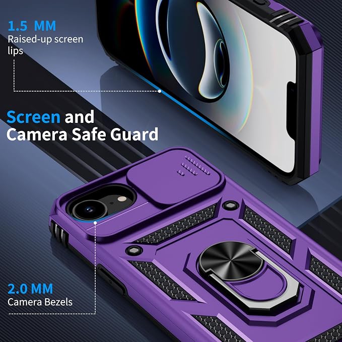 for iPhone 17e Case & iPhone 16e Case with 2X HD Screen Protector & Slide Camera Cover & Rotated Ring Kickstand, Rugged Heavy Duty Protective Phone Case for iPhone 17e/16e 6.1 inch, Purple - Image 6